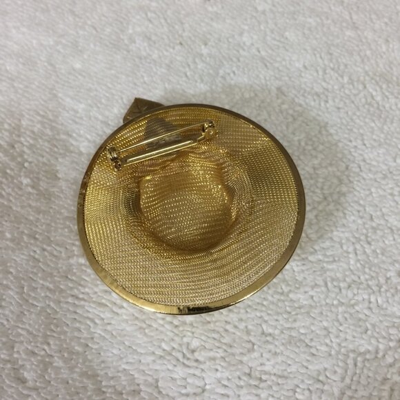 Vintage Gold Mesh Pin Brooch Sun Hat with Pink Rose - Picture 3 of 3